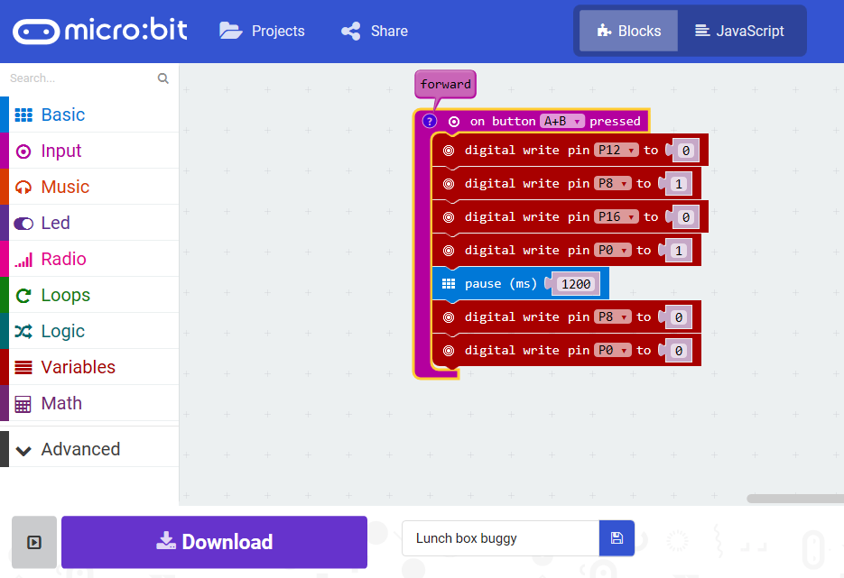 Microbit lunch box buggy coding